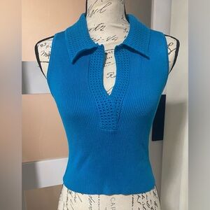 🍂 Caroline Constas Blue Ribbed Plunge Tank Top